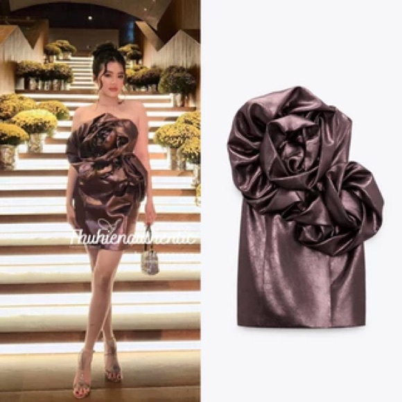 Zara NWOT voluminous flower 3D appliqué oversized floral detail party mini dress - Picture 11 of 15